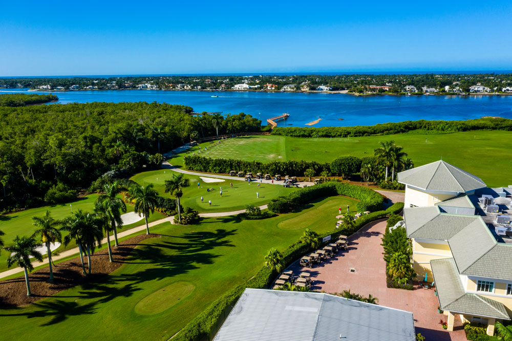 Golf community clubhouse and fairway